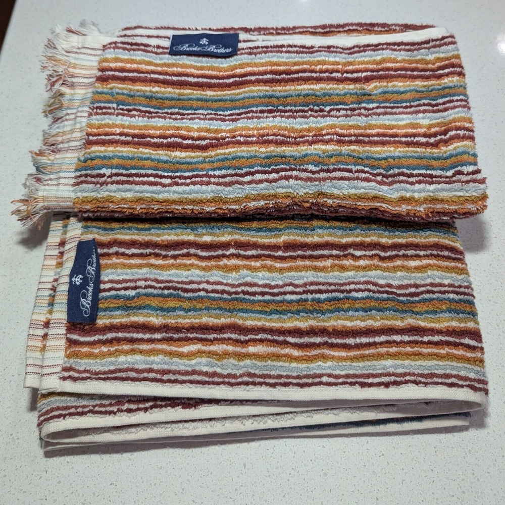 Retro Brooks Brothers Hand Towel Set Retro Multicolor Striped Cotton‎ Fringe